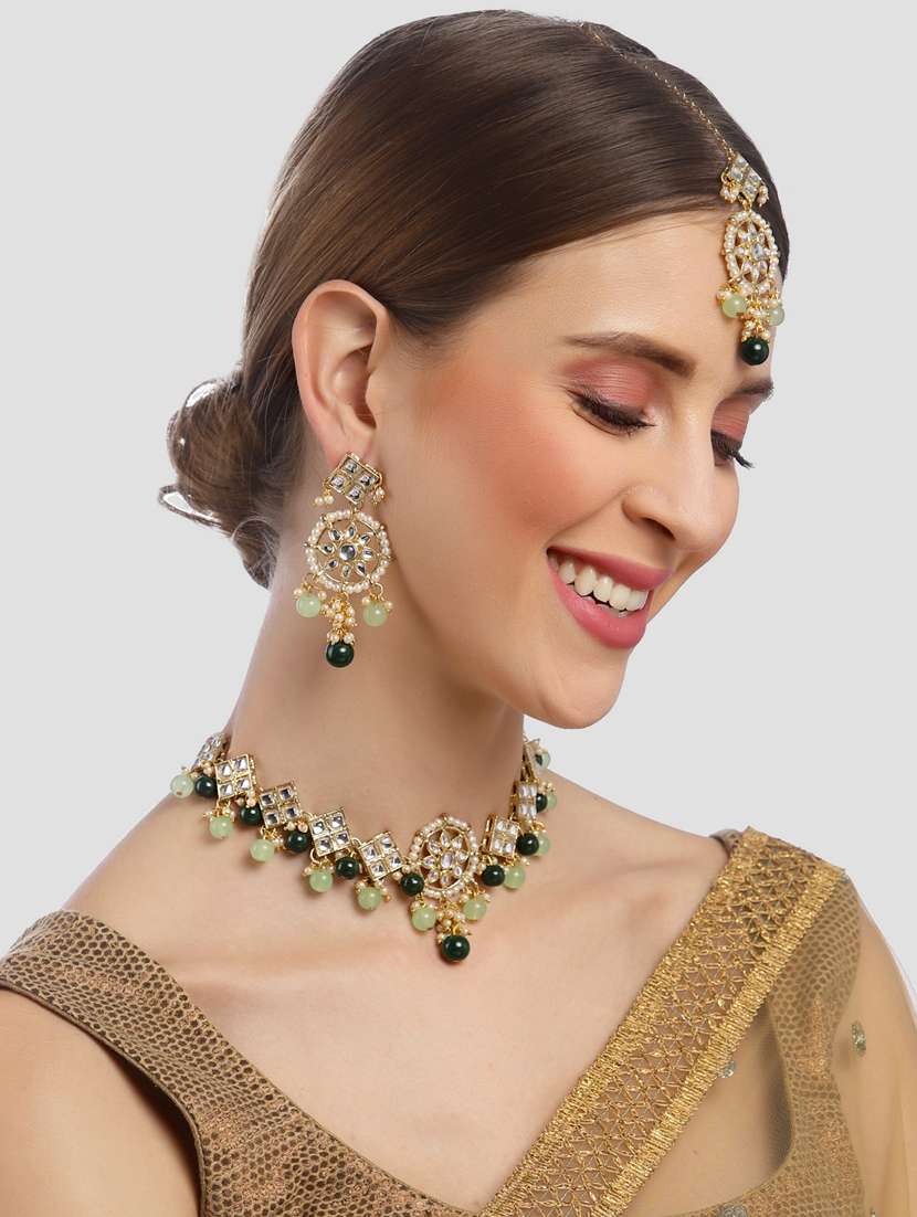 gold plated necklaces earring maang tikka set - 18636013 - Standard Image - 5