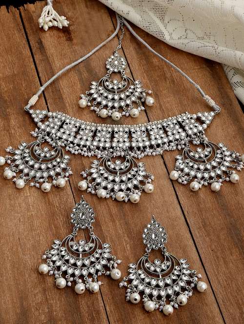 silver plated necklaces earring maang tikka set - 18636055 -  Standard Image - 0