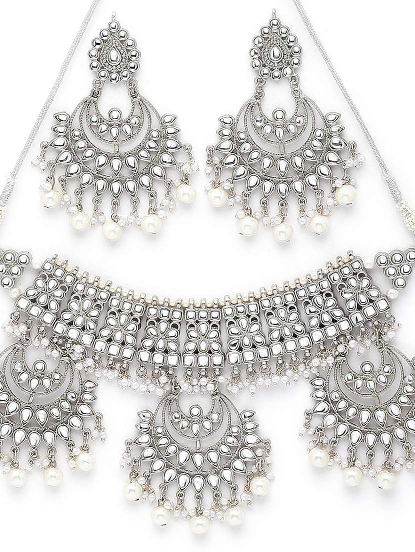 silver plated necklaces earring maang tikka set - 18636055 -  Standard Image - 3