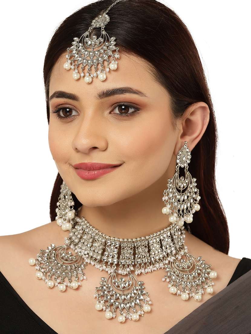 silver plated necklaces earring maang tikka set - 18636055 -  Standard Image - 5