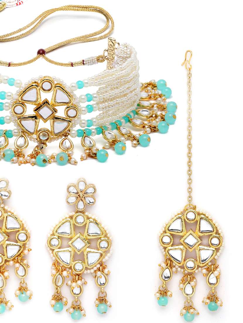 gold plated necklaces earring maang tikka set - 18636068 -  Standard Image - 3