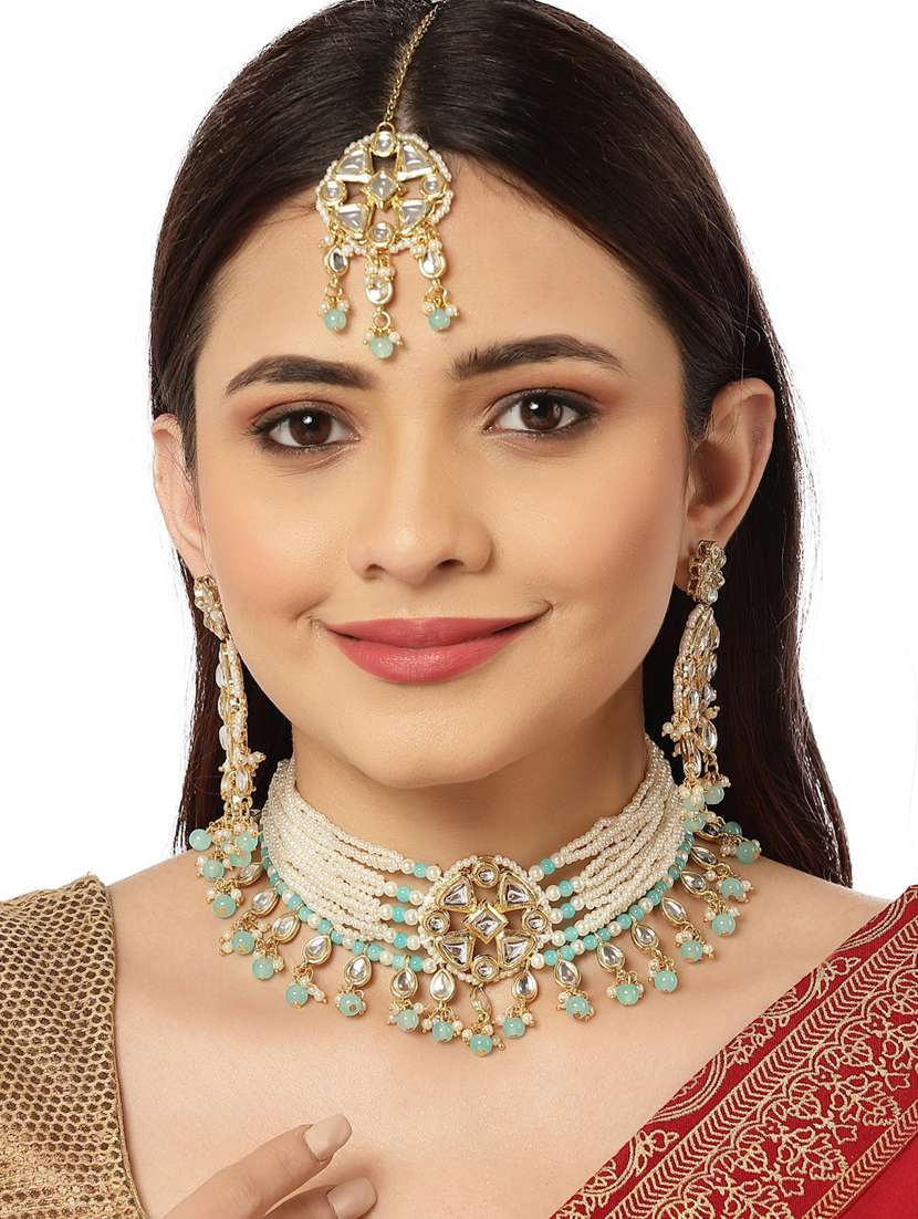 gold plated necklaces earring maang tikka set - 18636068 -  Standard Image - 5