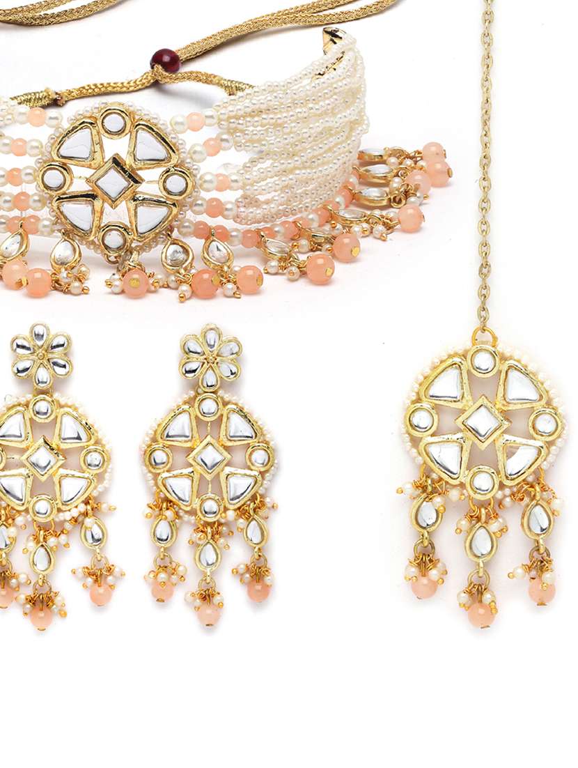 gold plated necklaces earring maang tikka set - 18636069 - Standard Image - 3