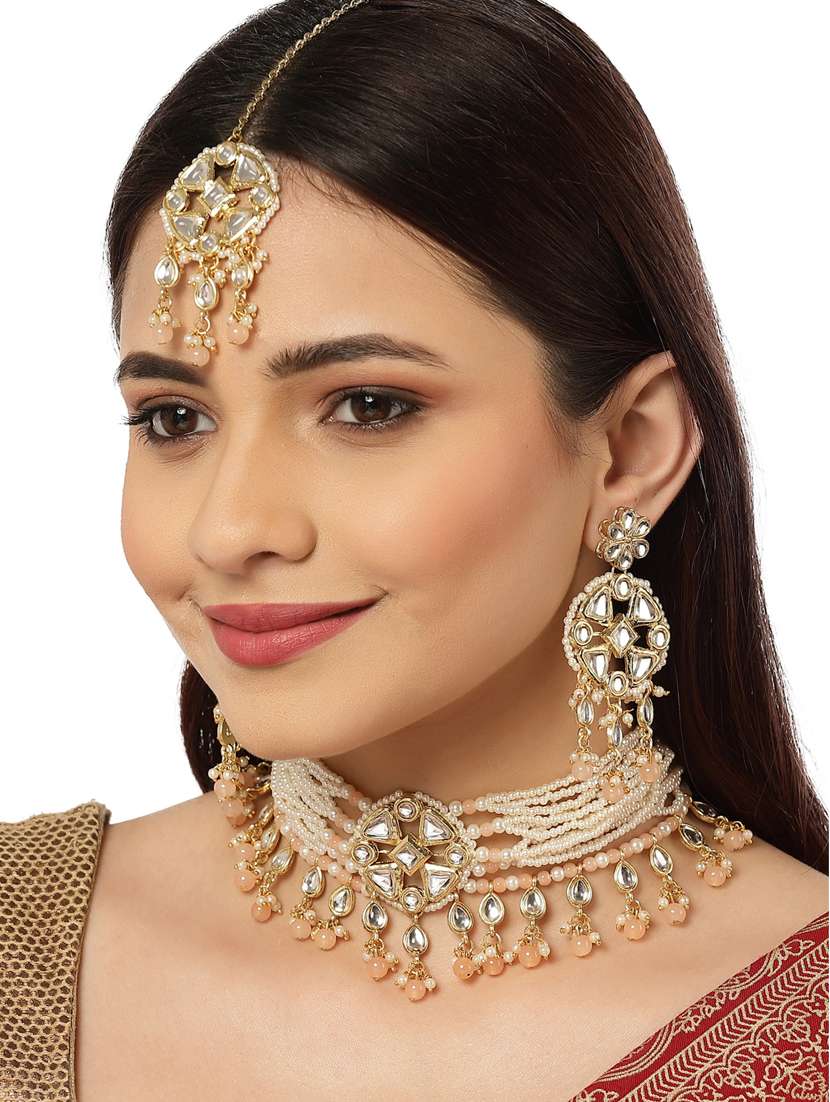 gold plated necklaces earring maang tikka set - 18636069 - Standard Image - 5