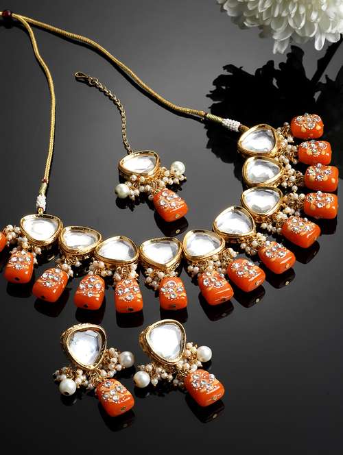 gold plated necklaces earring maang tikka set - 18636078 -  Standard Image - 0