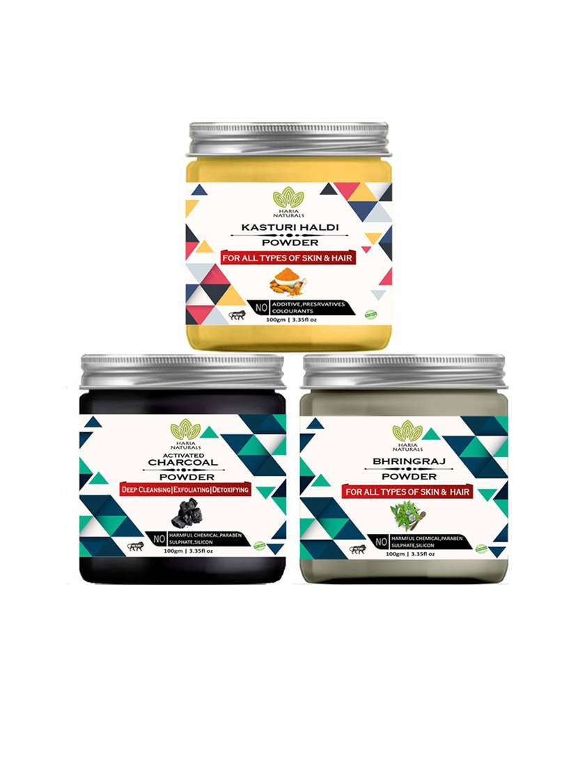 100% pure & naturals kasturi haldi powder 100gm & charcoal powder 100gm & bhringraj powder 100gm (pack of 3) 300gm
