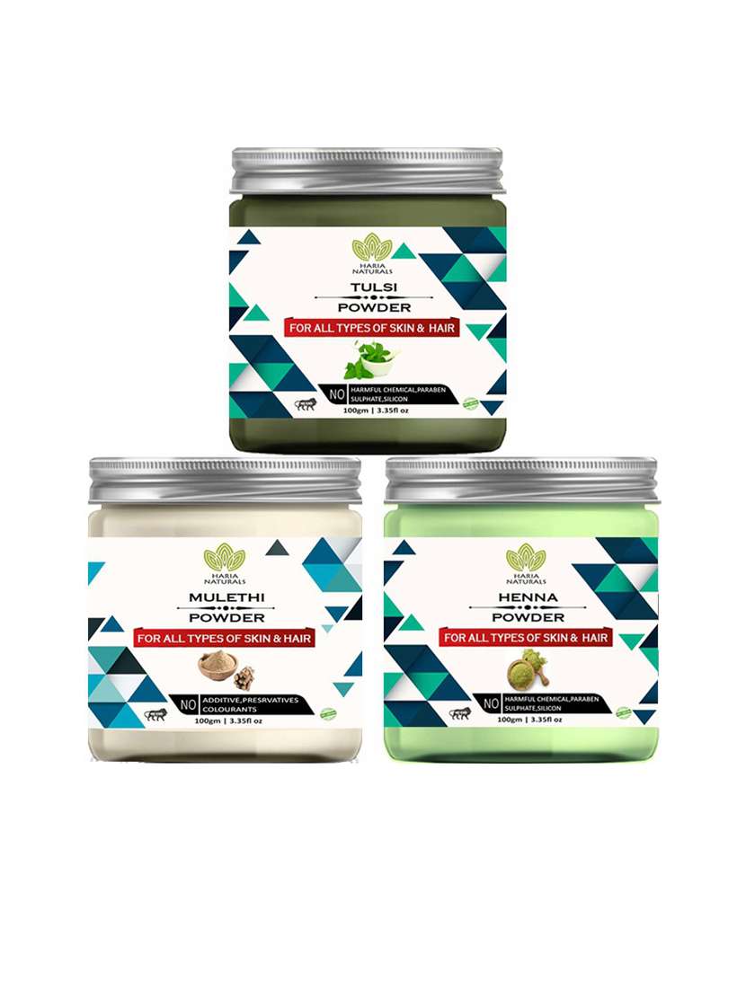 100% pure & naturals tulsi powder 100gm & mulethi powder 100gm & henna powder 100gm (pack of 3) 300gm
