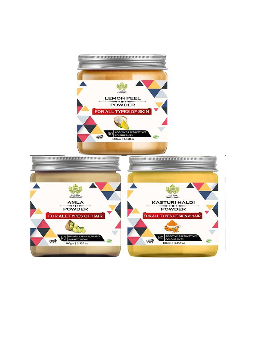 100% pure & naturals lemon peel powder 100gm & amla powder 100gm & kasturi haldi powder 100gm (pack of 3) 300gm