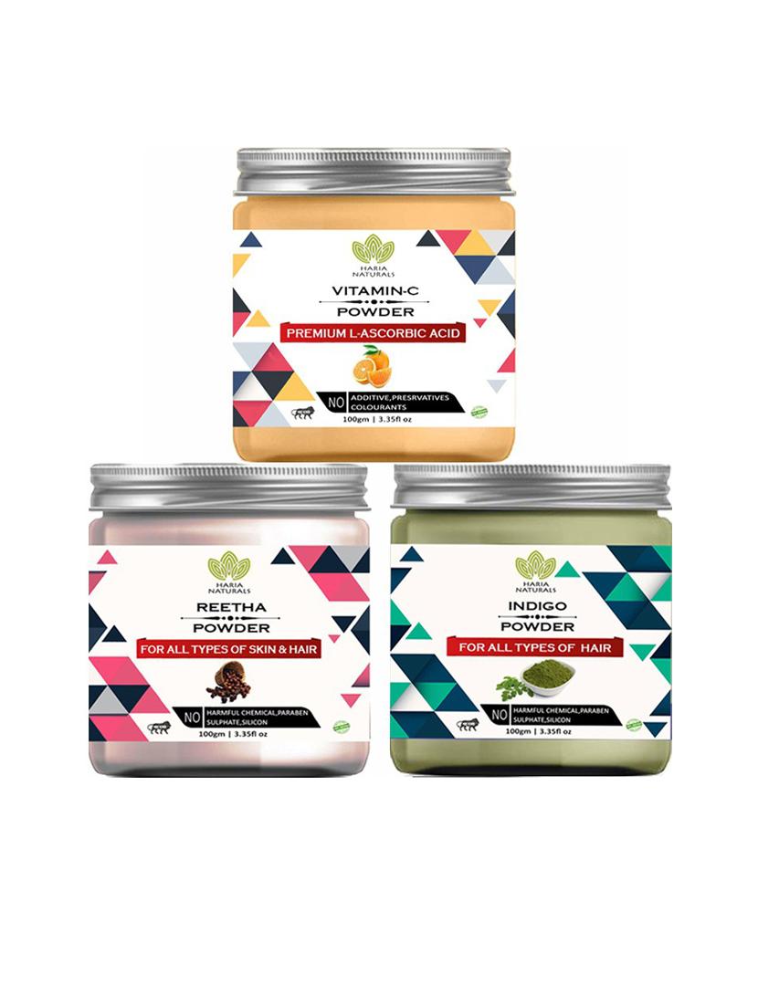100% pure & naturals vitamin-c powder 100gm & reetha powder 100gm & indigo powder 100gm (pack of 3) 300gm - 18636447 - Zoom Image - 0