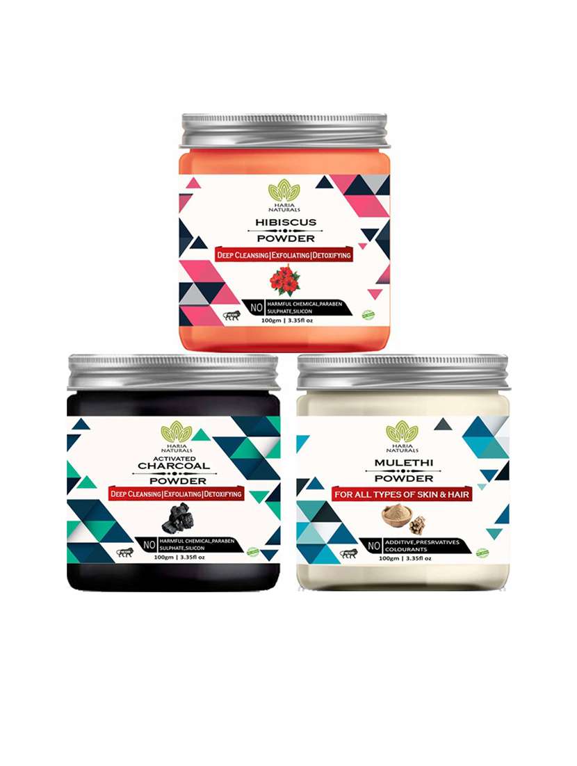 100% pure & naturals hibiscus powder 100gm & charcoal powder 100gm & mulethi powder 100gm (pack of 3) 300gm