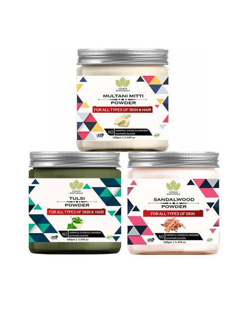 100% pure & naturals multani mitti powder 100gm & tulsi powder 100gm & sandalwood powder 100gm (pack of 3) 300gm - 18636587 - Standard Image - 0