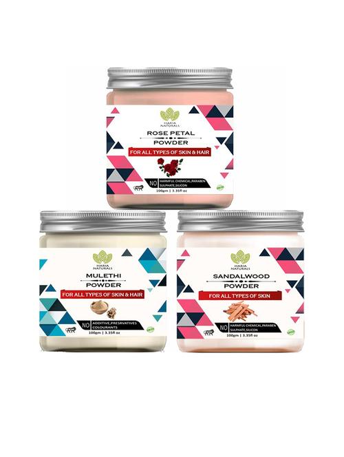 100% pure & naturals rose petal powder 100gm & mulethi powder 100gm & sandalwood powder 100gm (pack of 3) 300gm - 18636617 - Standard Image - 0