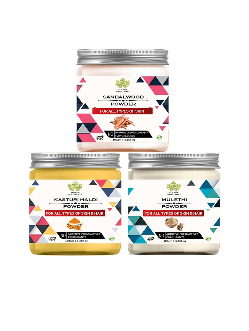 100% pure & naturals sandalwood powder 100gm & kasturi haldi powder 100gm & mulethi powder 100gm (pack of 3) 300gm