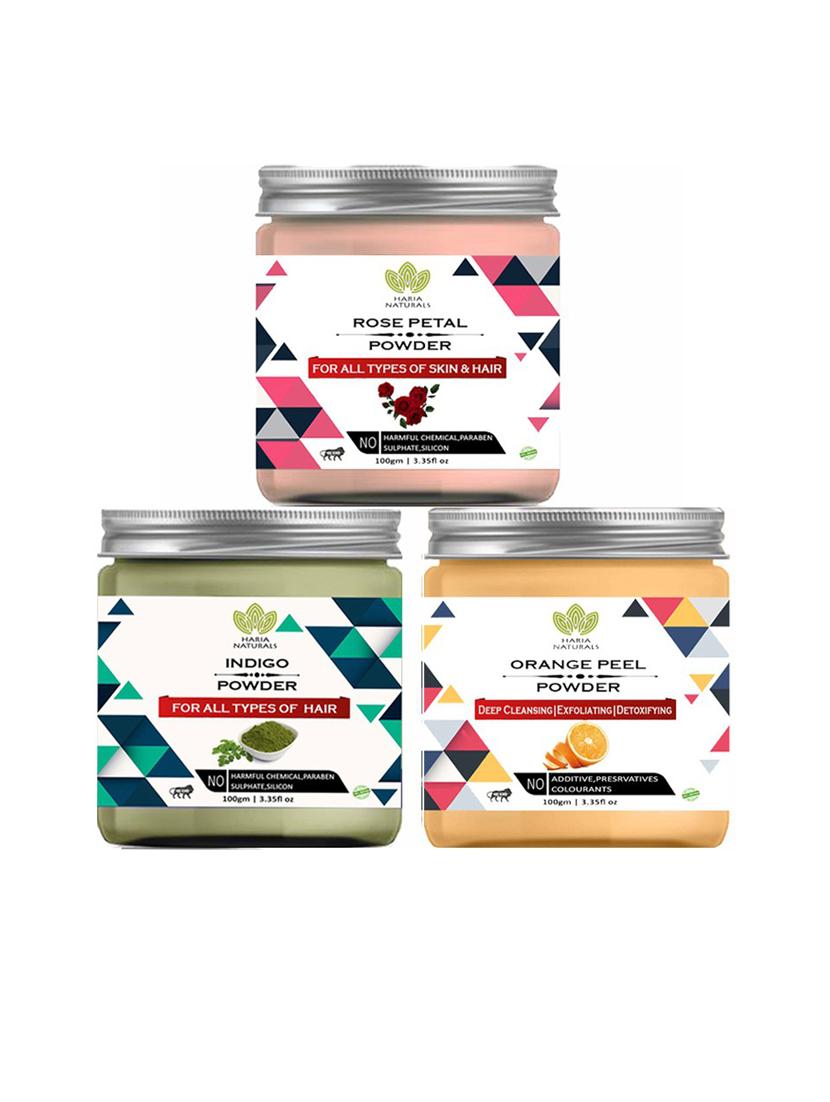 100% pure & naturals rose petal powder 100gm & indigo powder 100gm & orange peel powder 100gm (pack of 3) 300gm - 18636704 - Zoom Image - 0