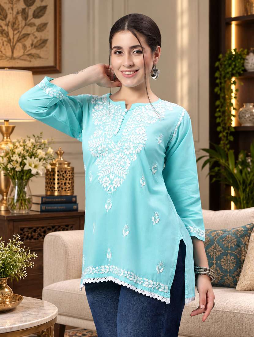 Chikankari Embroidered Short Kurti - 18636938 -  Standard Image - 3