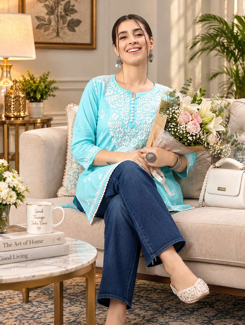 Chikankari Embroidered Short Kurti - 18636938 -  Standard Image - 5