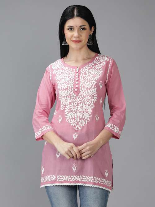 chikankari embroidered short kurti - 18636939 - Standard Image - 0