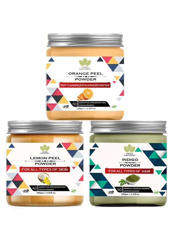 100% pure & naturals orange peel powder 100gm & lemon peel powder 100gm & indigo powder 100gm (pack of 3) 300gm - 18638322 -  Zoom Image - 0