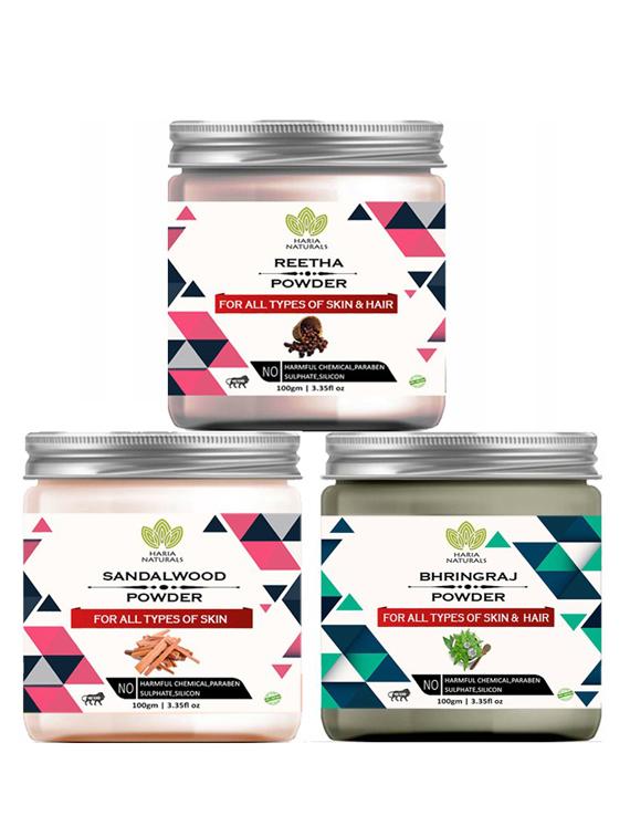 100% pure & naturals reetha powder 100gm & sandalwood powder 100gm & bhringraj powder 100gm (pack of 3) 300gm - 18638369 - Zoom Image - 0