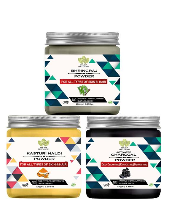100% pure & naturals bhringraj powder 100gm & kasturi haldi powder 100gm & charcoal powder 100gm (pack of 3) 300gm - 18638421 - Zoom Image - 0
