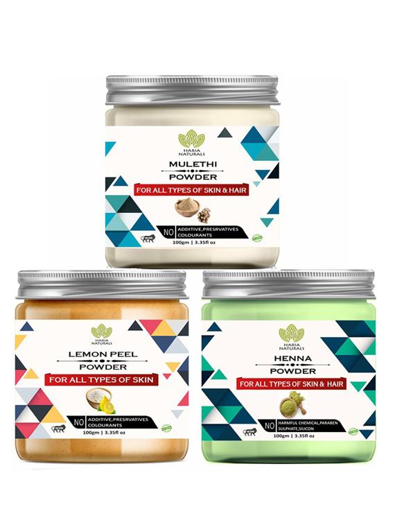 100% pure & naturals mulethi powder 100gm & lemon peel powder 100gm & henna powder 100gm (pack of 3) 300gm - 18638522 - Zoom Image - 0