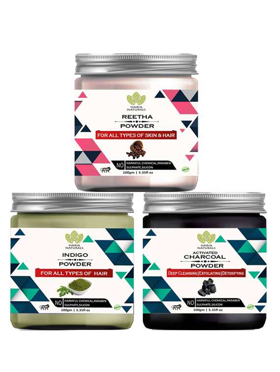 100% pure & naturals reetha powder 100gm & indigo powder 100gm & charcoal powder 100gm (pack of 3) 300gm