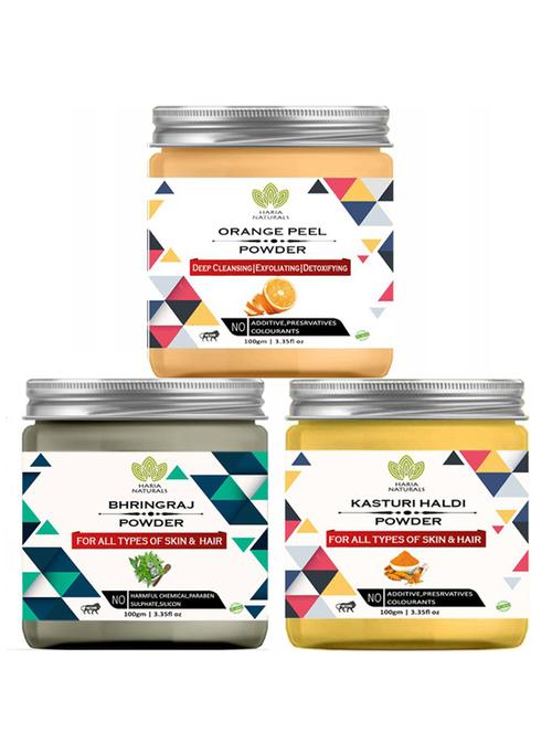 100% pure & naturals orange peel powder 100gm & bhringraj powder 100gm & kasturi haldi powder 100gm (pack of 3) 300gm - 18638731 -  Standard Image - 0