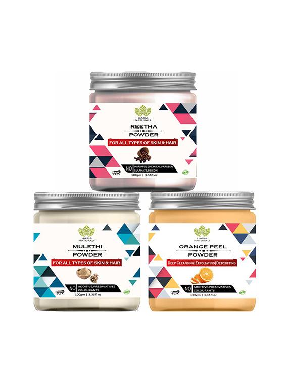 100% pure & naturals reetha powder 100gm & mulethi powder 100gm & orange peel powder 100gm (pack of 3) 300gm - 18638734 -  Zoom Image - 0