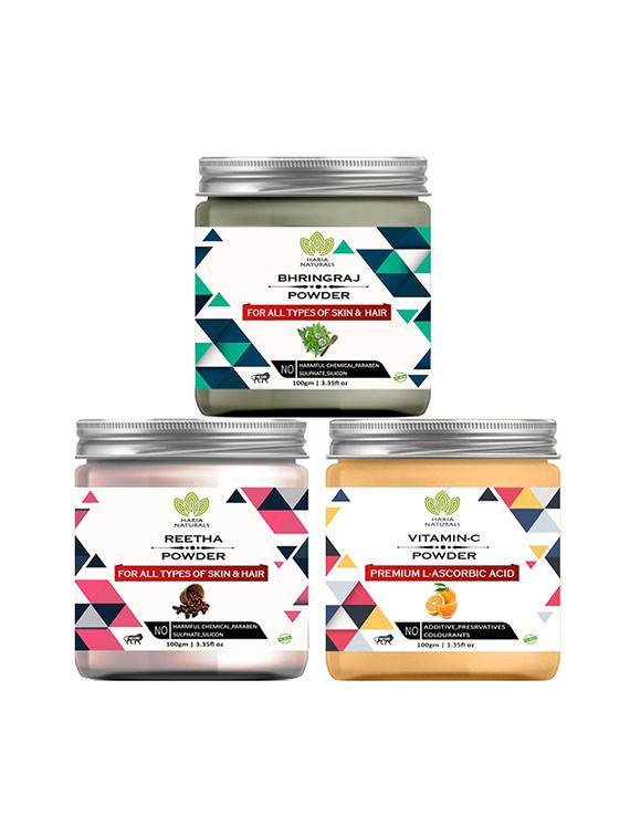 100% pure & naturals bhringraj powder 100gm & reetha powder 100gm & vitamin-c powder 100gm (pack of 3) 300gm - 18638749 -  Zoom Image - 0