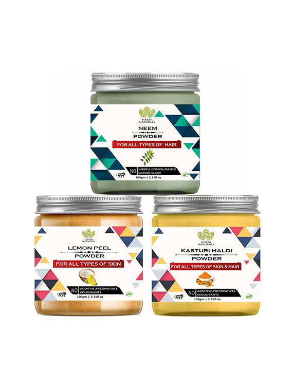 100% pure & naturals neem powder 100gm & lemon peel powder 100gm & kasturi haldi powder 100gm (pack of 3) 300gm - 18638780 - Zoom Image - 0