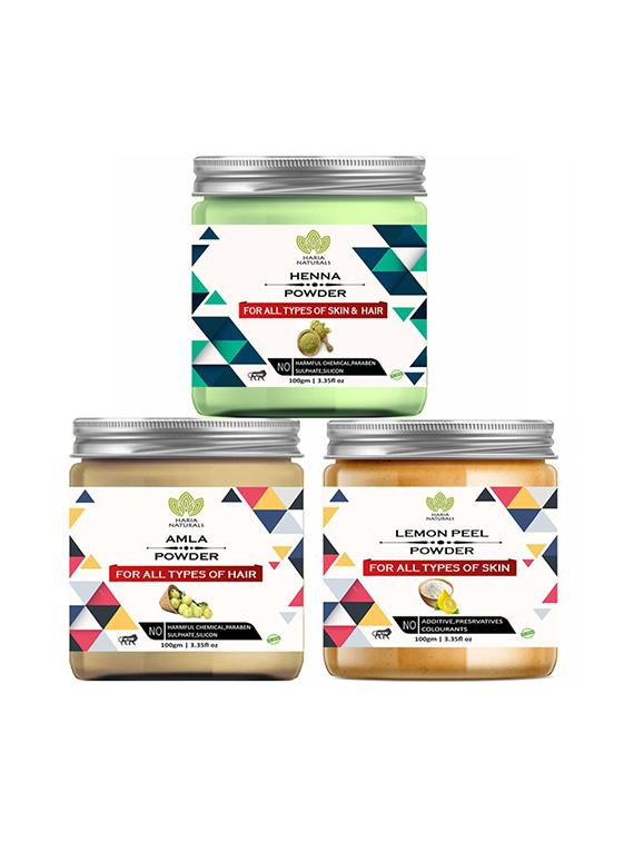 100% pure & naturals henna powder 100gm & amla powder 100gm & lemon peel powder 100gm (pack of 3) 300gm - 18638786 - Zoom Image - 0