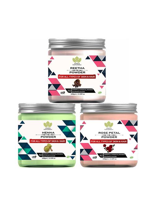 100% pure & naturals reetha powder 100gm & henna powder 100gm & rose petal powder 100gm (pack of 3) 300gm - 18638828 -  Standard Image - 0