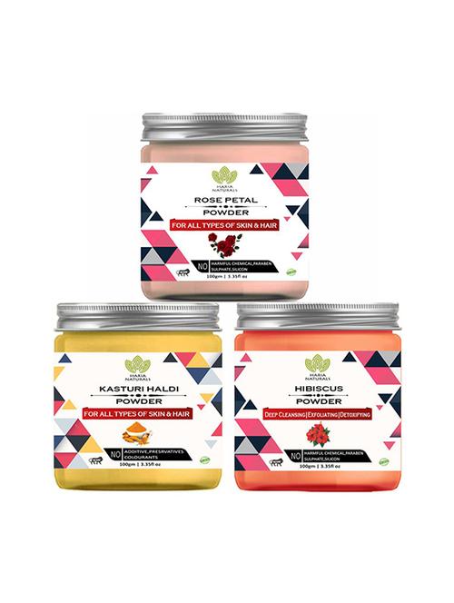 100% pure & naturals rose petal powder 100gm & kasturi haldi powder 100gm & hibiscus powder 100gm (pack of 3) 300gm - 18638855 - Standard Image - 0