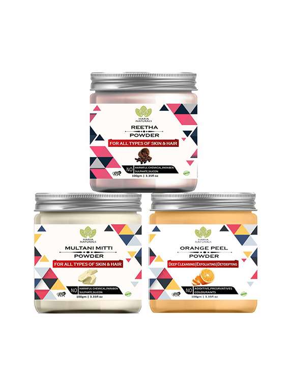 100% pure & naturals reetha powder 100gm & multani mitti powder 100gm & orange peel powder 100gm (pack of 3) 300gm
