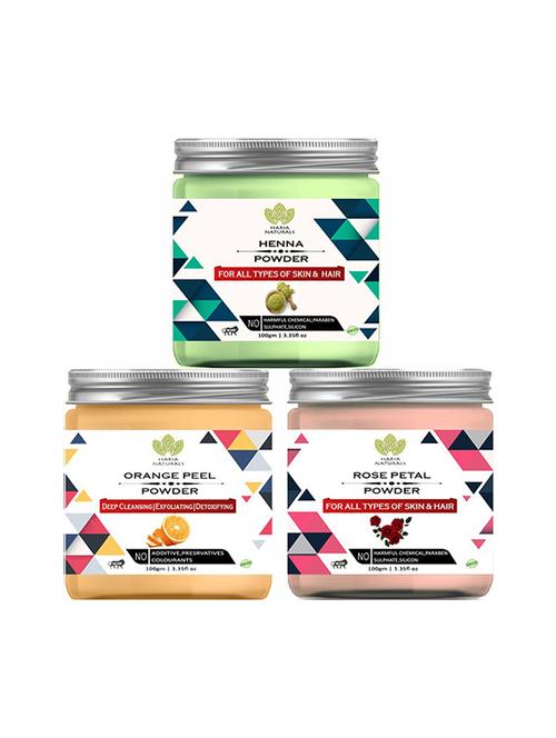 100% pure & naturals henna powder 100gm & orange peel powder 100gm & rose petal powder 100gm (pack of 3) 300gm - 18639615 - Standard Image - 0