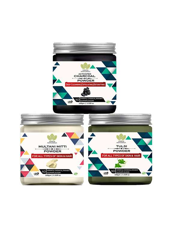 100% pure & naturals charcoal powder 100gm & multani mitti powder 100gm & tulsi powder 100gm (pack of 3) 300gm
