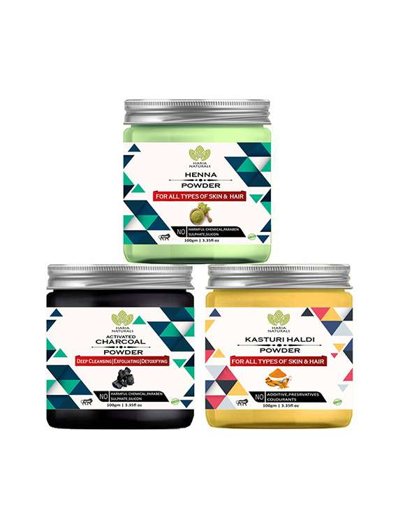 100% pure & naturals henna powder 100gm & charcoal powder 100gm & kasturi haldi powder 100gm (pack of 3) 300gm