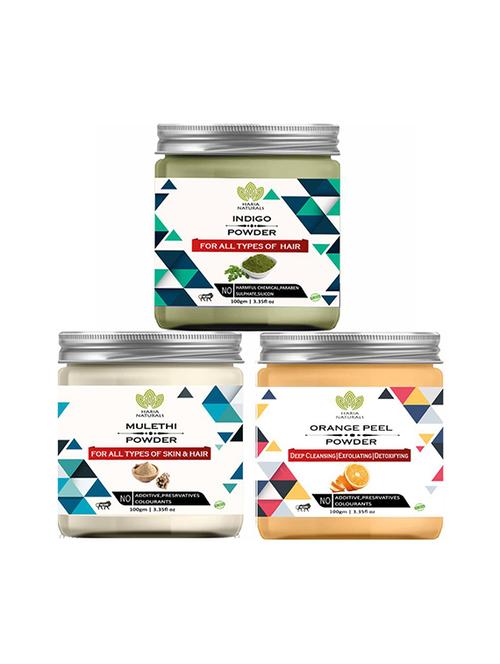 100% pure & naturals indigo powder 100gm & mulethi powder 100gm & orange peel powder 100gm (pack of 3) 300gm - 18639751 - Standard Image - 0