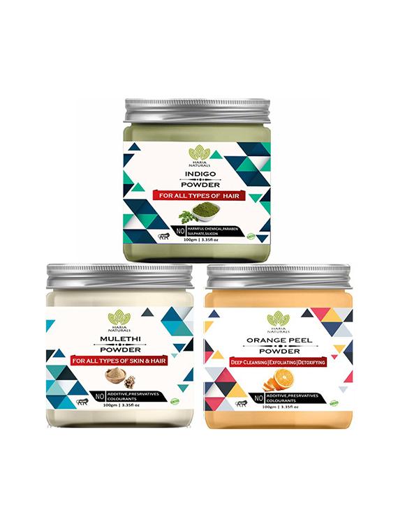 100% pure & naturals indigo powder 100gm & mulethi powder 100gm & orange peel powder 100gm (pack of 3) 300gm - 18639751 - Zoom Image - 0