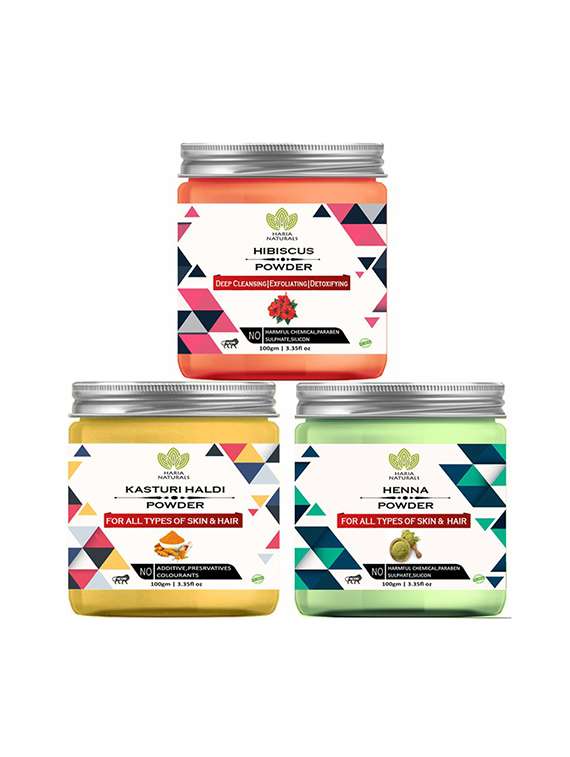 100% pure & naturals hibiscus powder 100gm & kasturi haldi powder 100gm & henna powder 100gm (pack of 3) 300gm