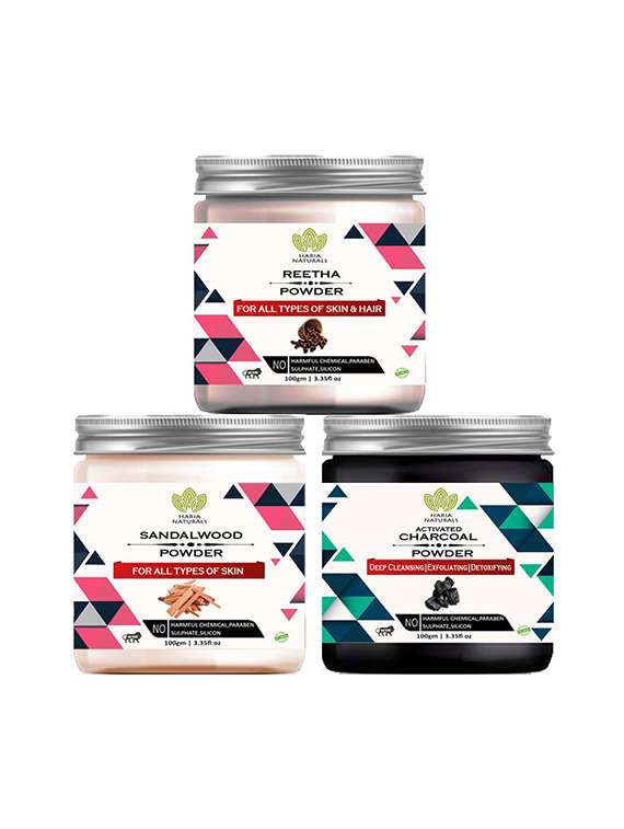 100% pure & naturals reetha powder 100gm & sandalwood powder 100gm & charcoal powder 100gm (pack of 3) 300gm