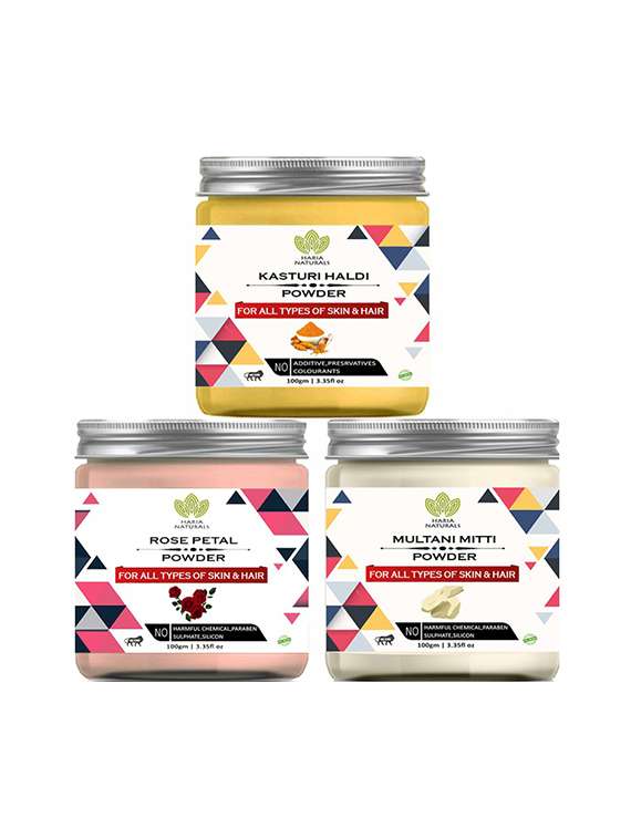 100% pure & naturals kasturi haldi powder 100gm & rose petal powder 100gm & multani mitti powder 100gm (pack of 3) 300gm