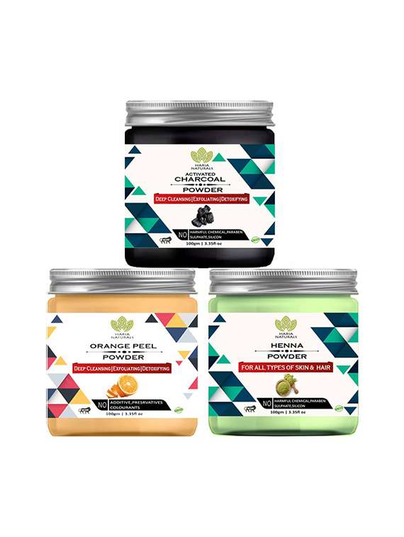 100% pure & naturals charcoal powder 100gm & orange peel powder 100gm & henna powder 100gm (pack of 3) 300gm