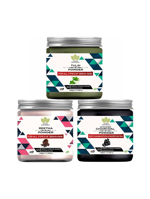 100% pure & naturals tulsi powder 100gm & reetha powder 100gm & charcoal powder 100gm (pack of 3) 300gm - 18639929 - Zoom Image - 0