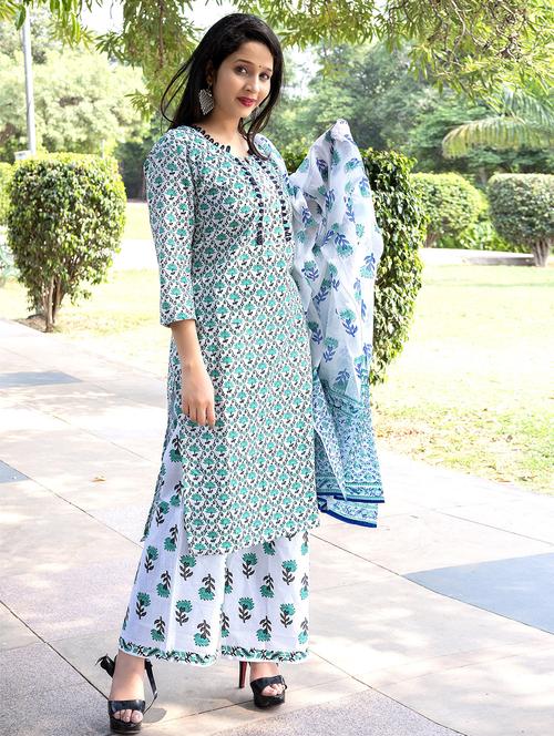 women three quarter sleeve kurta pant with dupatta set - 18640298 - Standard Image - 0