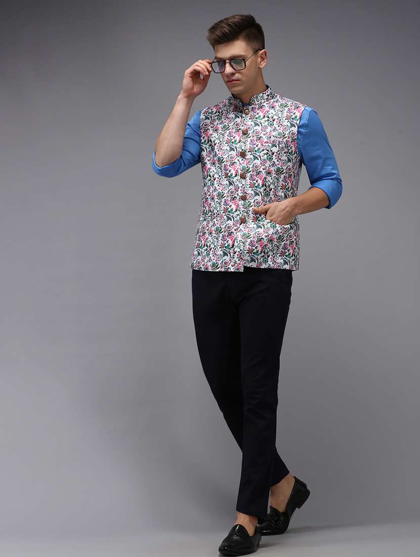 printed bandhgala nehru jacket - 18645454 -  Standard Image - 3