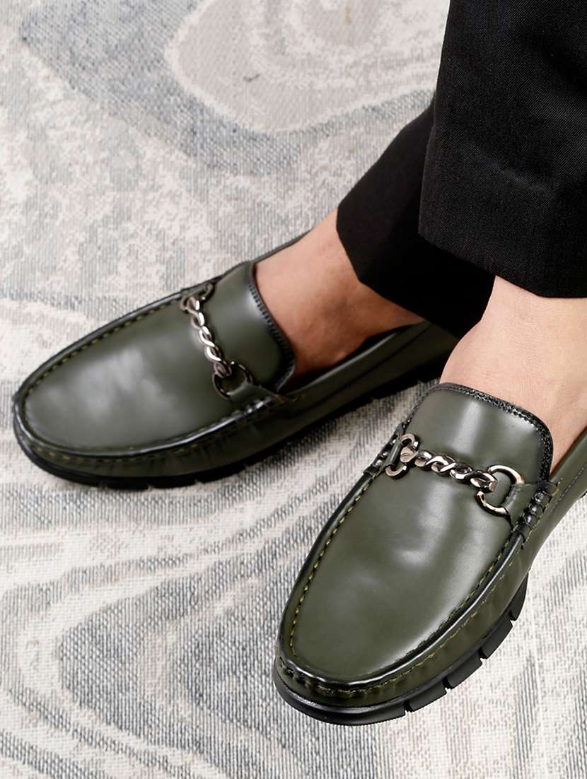 mens green slip on moccasin