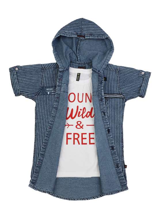 boys hooded striped denim shirt