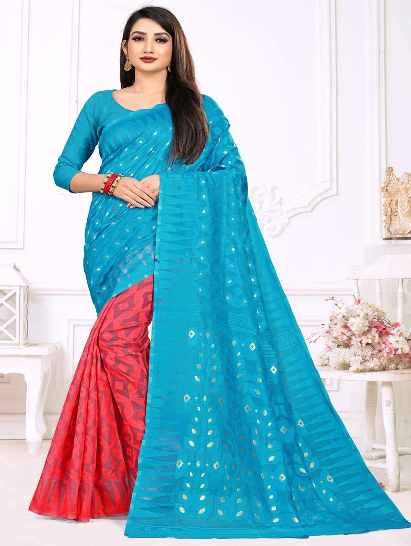 jacquard work jamdani half & half saree with blouse - 18650658 - Zoom Image - 0