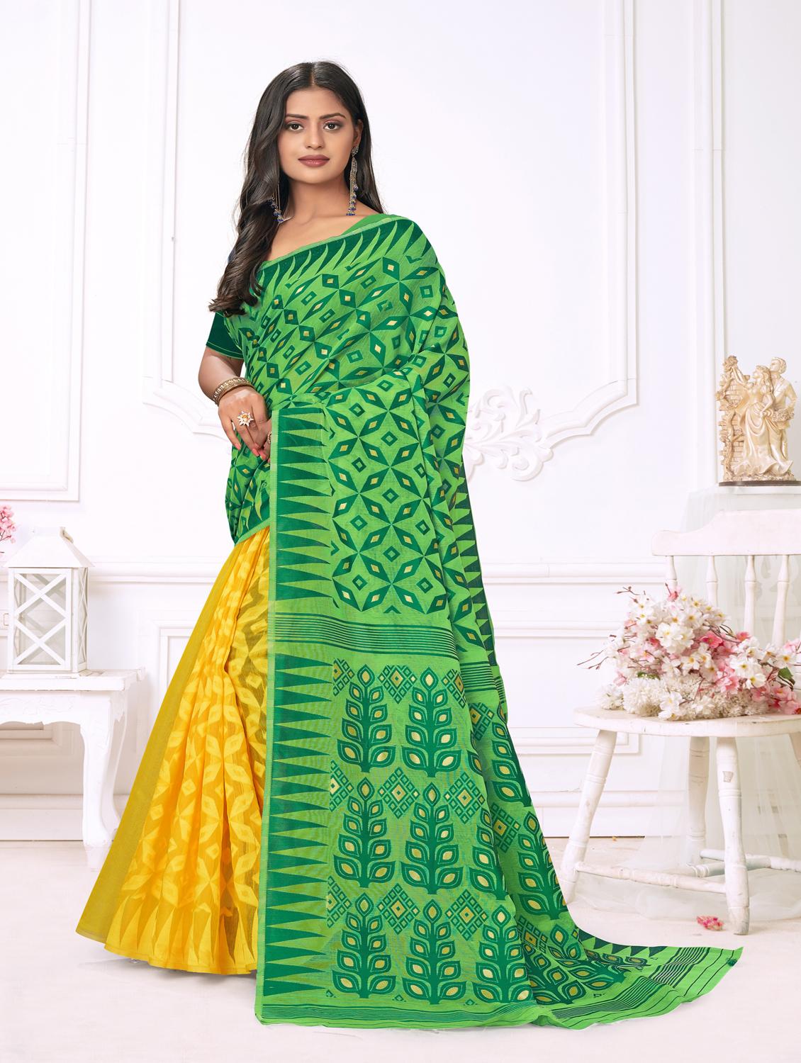 jacquard work jamdani half & half saree with blouse - 18650660 - Zoom Image - 0